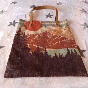 Scenic Print Tote Bag with Tan Handles
